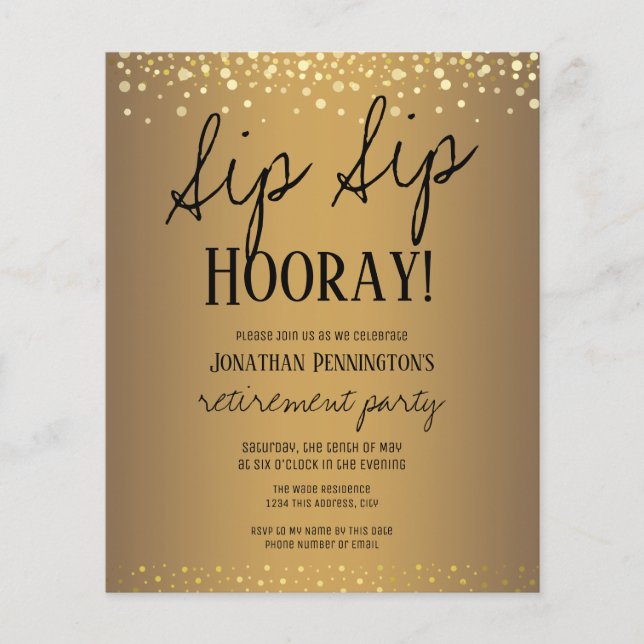 Papier Sip Sip Hooray Elegant Gold Retraite Party Invit (Devant)