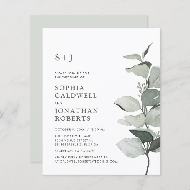 Papier Site Budget RSVP Eucalyptus Faire-part de mariage (Devant / Derrière)