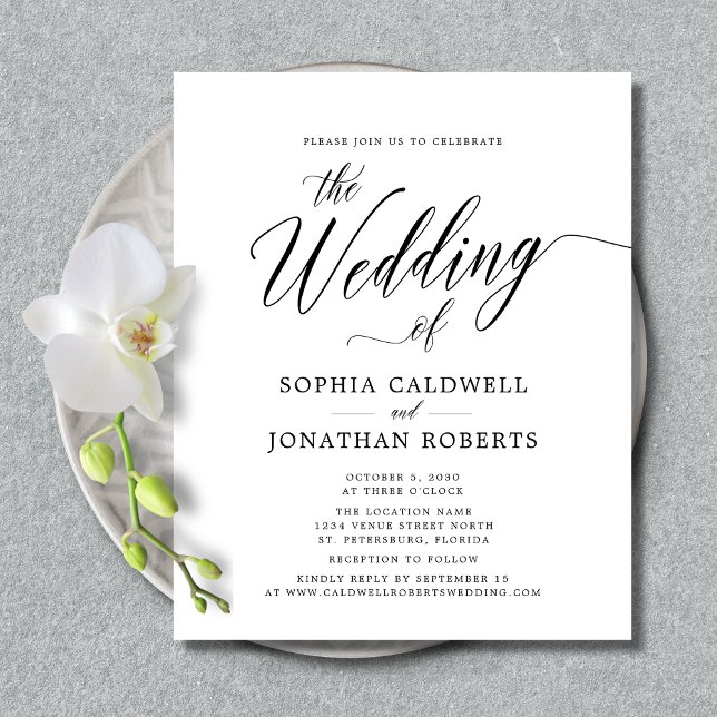 Papier Site Web de la calligraphie budgétaire Faire-part  (Budget Wedding Invitation - Website RSVP - Elegant Splendor Calligraphy - Black and White)