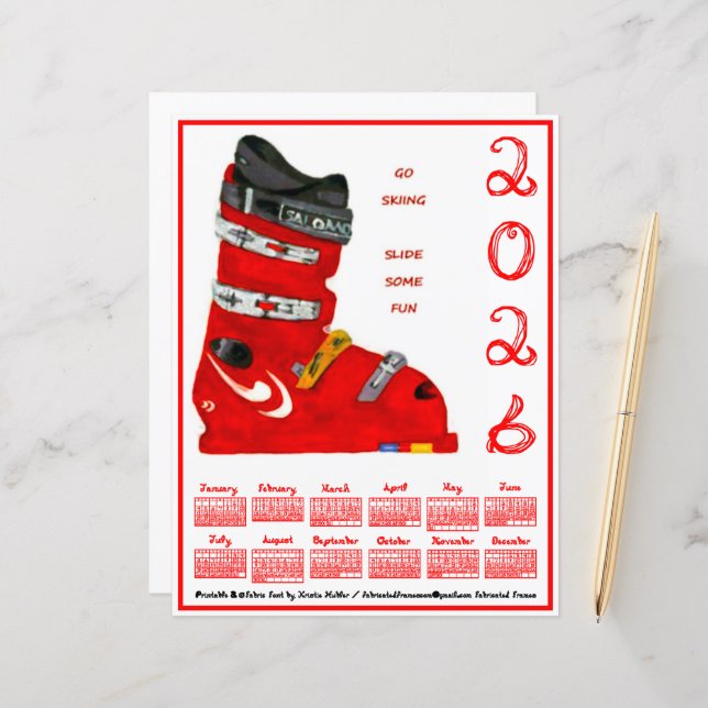 Papier Ski Boot Go Skiing Slide Some Fun 2026 Calendar (Devant/Arrière en situation)