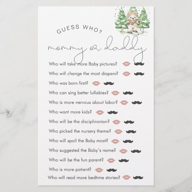 Papier Ski Dans La Parenthood Douche "Devinez Qui" Jeu (Devant)