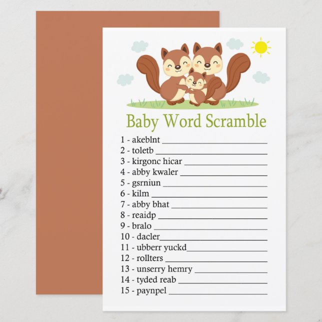 Papier Sleepy fox Baby word scramble jeu (Devant / Derrière)