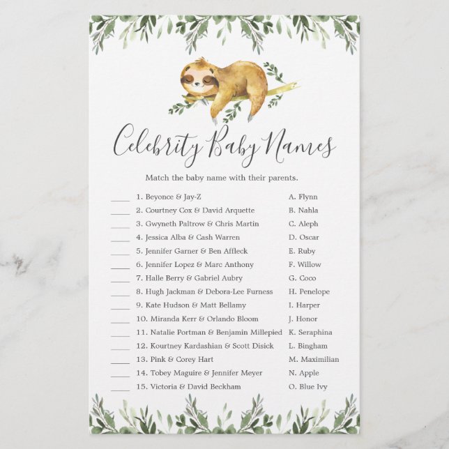 Papier Sleepy Sloth Baby shower Celebrity Baby Names Jeu (Devant)