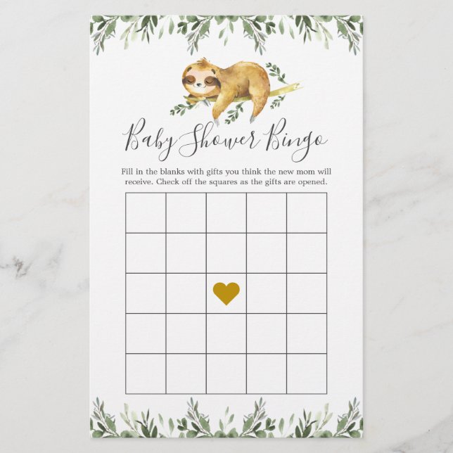 Papier Sleepy Sloth Baby shower Jeu de Bingo (Devant)
