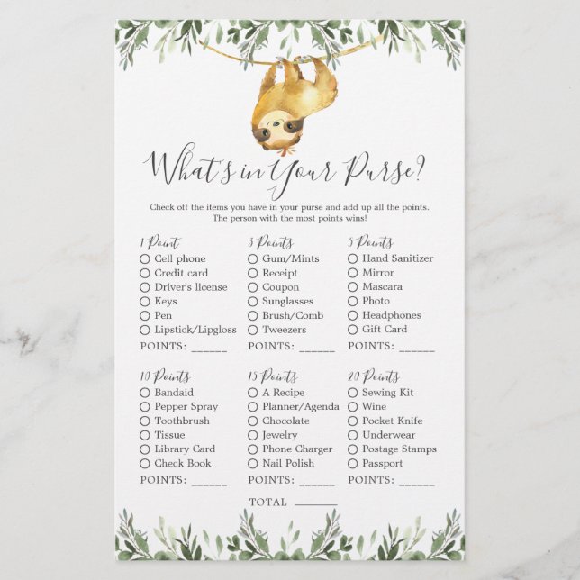 Papier Sloth Animals Baby shower Ce qui est dans votre sa (Devant)