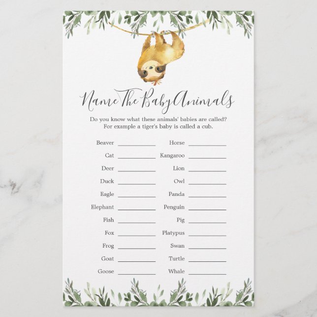 Papier Sloth Animals Nom du Baby shower The Baby Animals (Devant)