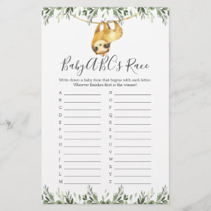Papier Sloth Baby shower ABC's Race Game