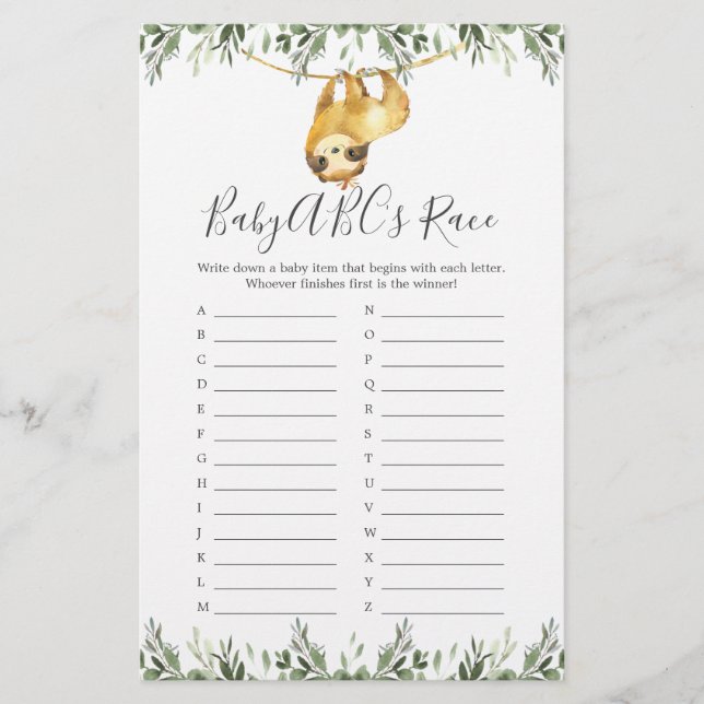 Papier Sloth Baby shower ABC's Race Game (Devant)
