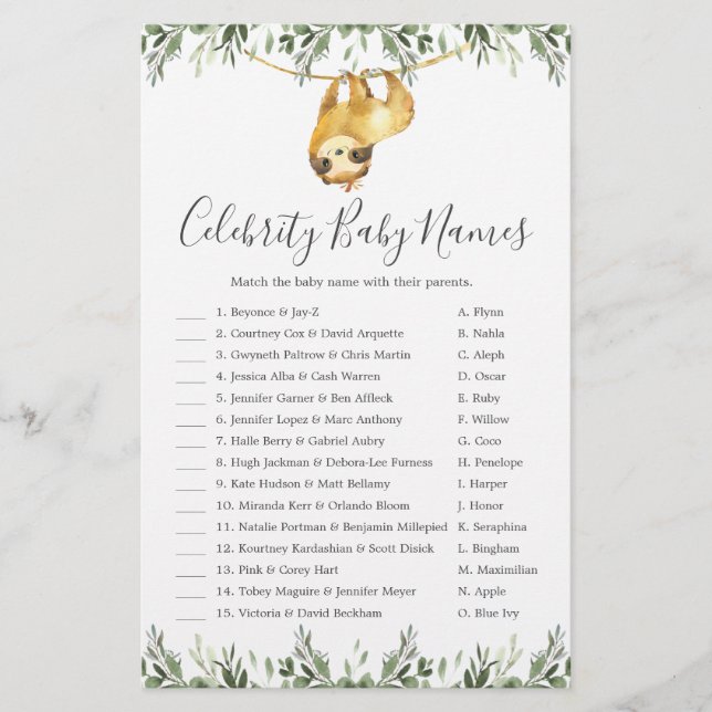 Papier Sloth Baby shower Celebrity Baby Names Jeu (Devant)