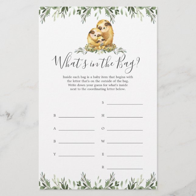 Papier Sloth Baby shower Devinez ce qu'il y a dans le jeu (Devant)