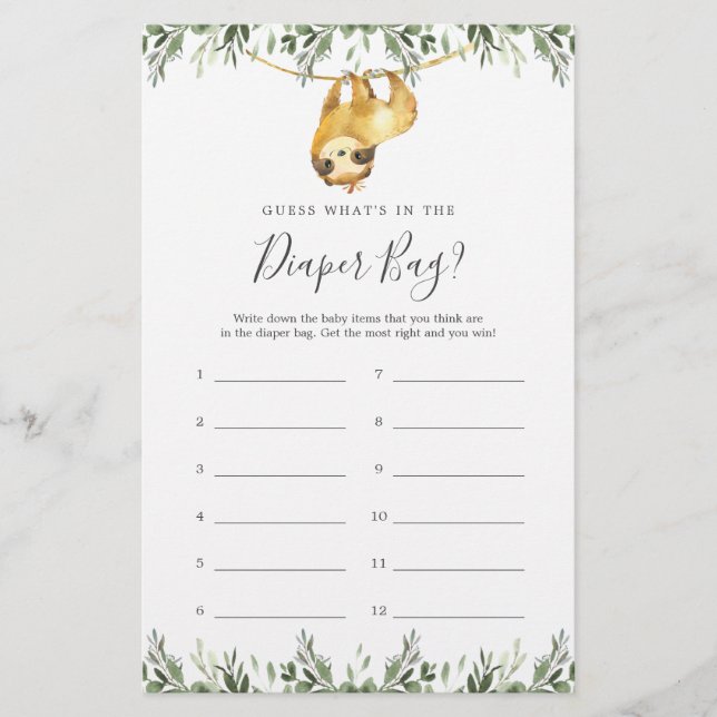 Papier Sloth Baby shower Devinez ce qu'il y a dans le sac (Devant)