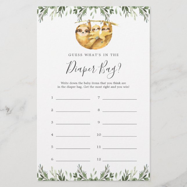 Papier Sloth Baby shower Devinez ce qu'il y a dans le sac (Devant)