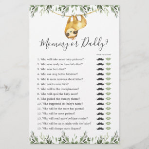 Papier Sloth Baby shower maman ou papa jeu