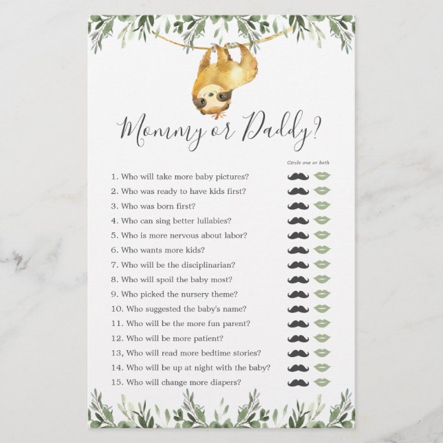 Papier Sloth Baby shower maman ou papa jeu (Devant)