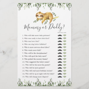 Papier Sloth Baby shower maman ou papa jeu