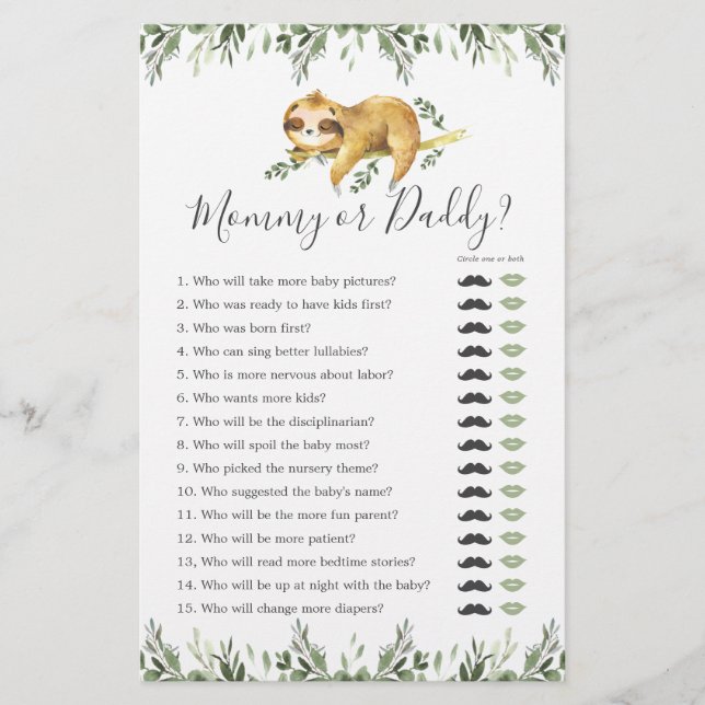 Papier Sloth Baby shower maman ou papa jeu (Devant)