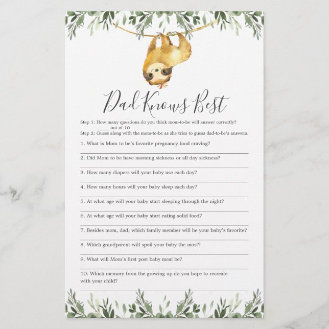 Papier Sloth Baby shower Papa connaît le meilleur jeu (Devant)