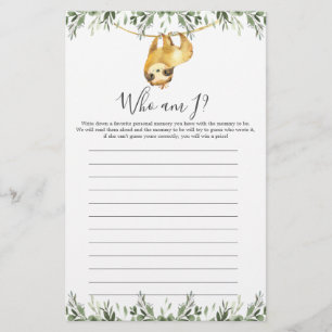 Papier Sloth Baby shower Qui Suis-Je Jeu