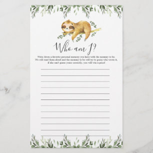 Papier Sloth Baby shower Qui Suis-Je Jeu
