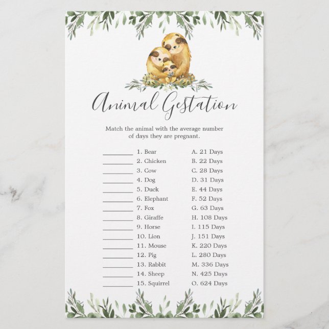 Papier Sloth Family Baby shower Animal Gestation Jeu (Devant)