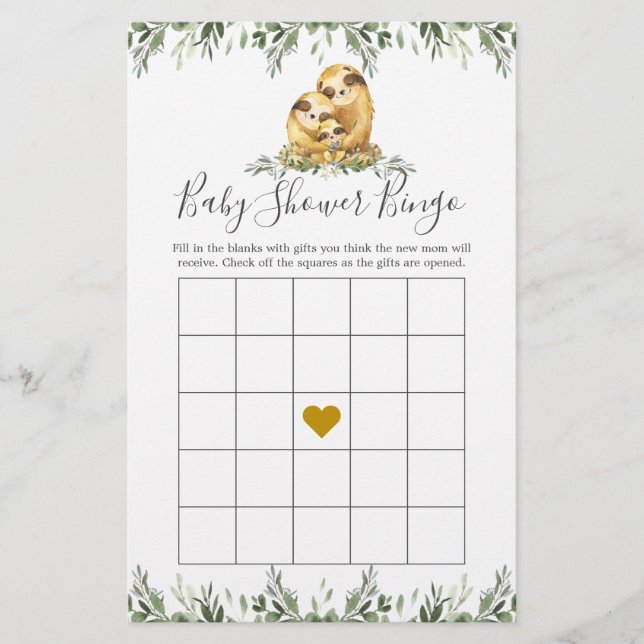 Papier Sloth Family Baby shower Jeu de Bingo (Devant)