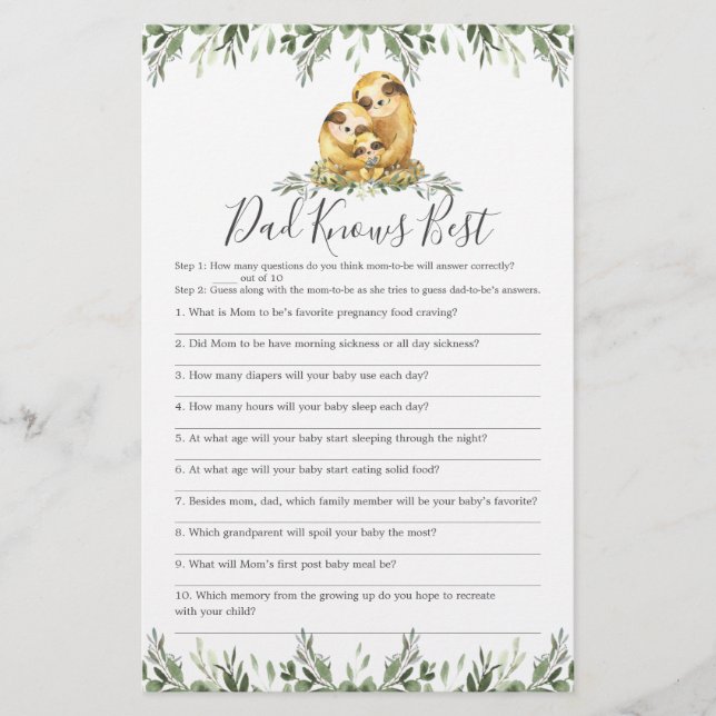 Papier Sloth Family Baby shower Papa connaît le meilleur  (Devant)