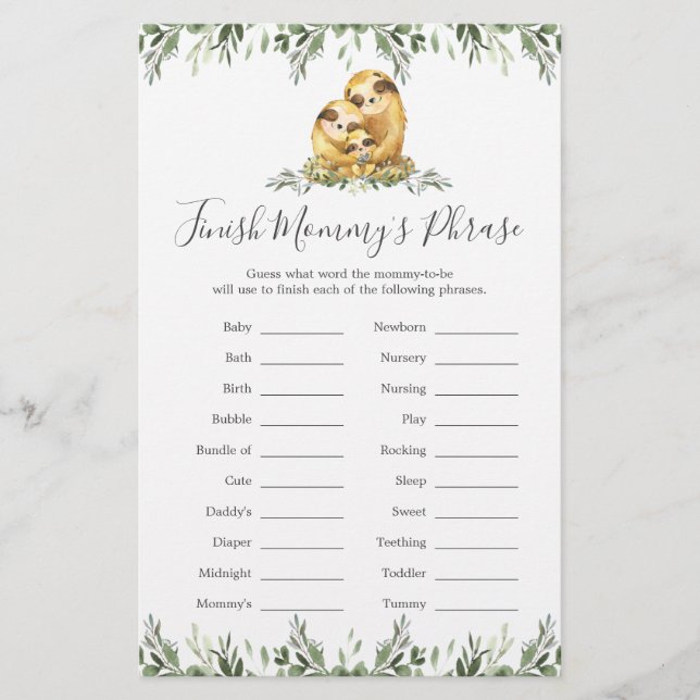 Papier Sloth Family Baby shower Terminer la phrase de mam (Devant)