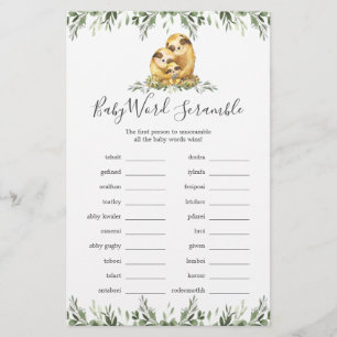 Papier Sloth Family Baby shower Word Scramble Jeu