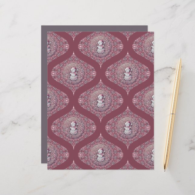Papier Snowman rose Whimsical Mandala Ogee Scrapbook (Devant/Arrière en situation)