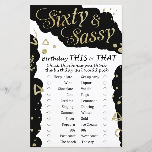 Papier Soixante et Sassy Anniversaire ce ou ce jeu (Devant)