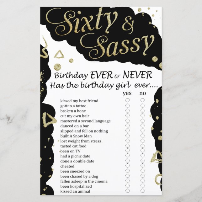 Papier Soixante et Sassy Anniversaire jamais ou jamais je (Devant)