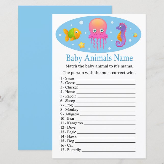 Papier Sous la mer Bébé Animaux Nom Jeu (Devant / Derrière)