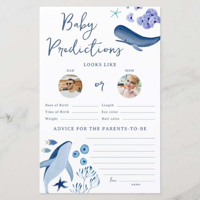 Papier Sous la mer Blue Boy Whale Baby Prediction Jeu (Devant)