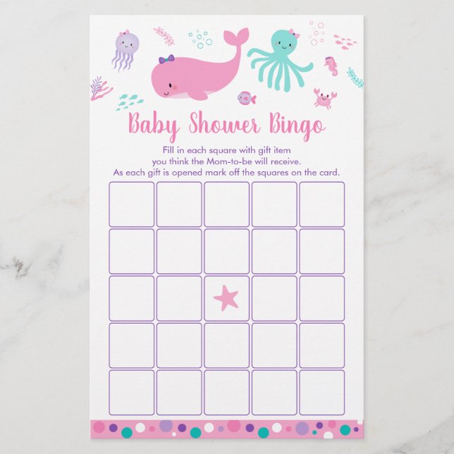 Papier Sous la mer rose violet Baby shower jeu de Bingo (Devant)