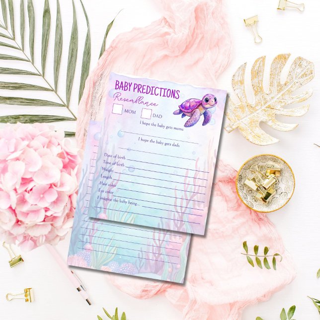 Papier Sous la tortue de mer rose bébé conseils de prédic (Under the sea cute turtle pink purple baby predictions and advice for parents baby shower game card)