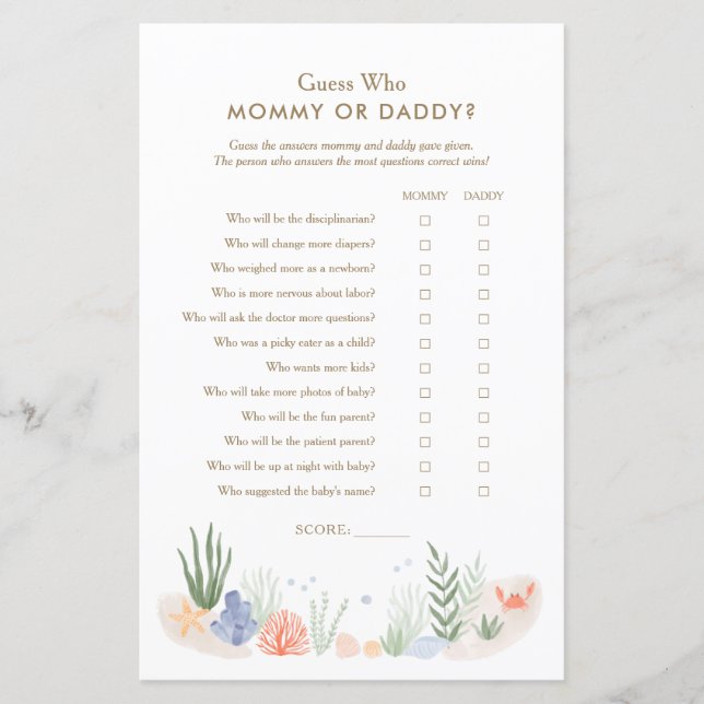 Papier Sous le Baby shower de la mer Devinez qui maman ou (Devant)