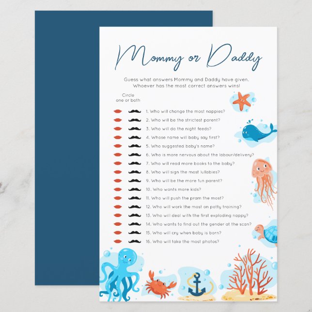 Papier Sous le Baby shower de la mer Devinez qui maman ou (Devant / Derrière)