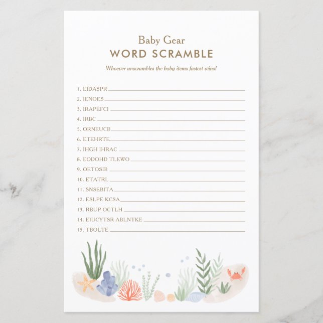Papier Sous le Baby shower de la mer Word Scramble Jeu (Devant)