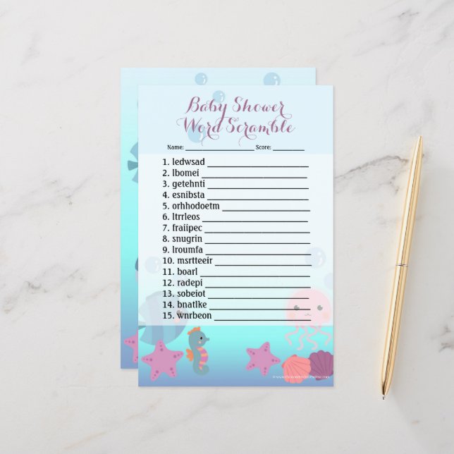 Papier Sous le Baby shower Sea Girl Word Scramble Jeu (Devant/Arrière en situation)