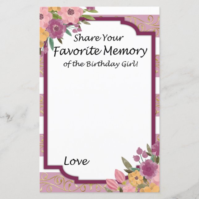 Papier Souvenir préféré rayé de rose de la fille d'annive (Devant)