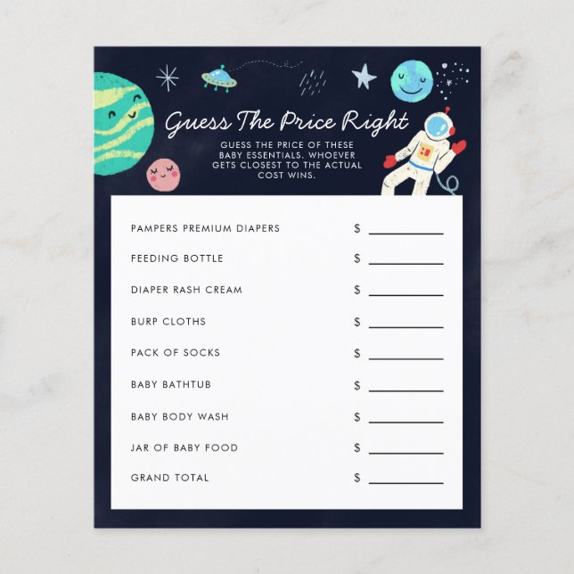 Papier Spatiale Devinez Le Prix Bon Baby shower Jeu (Devant)