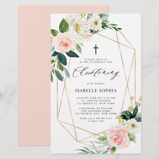 Papier Spring Florals Gold Frame Christening Invitation (Devant / Derrière)