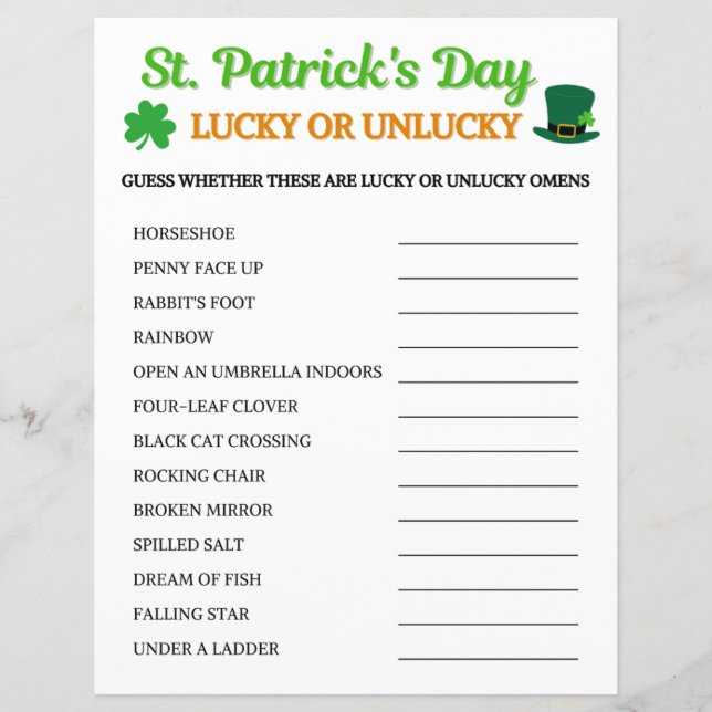 Papier St. Patrick's Day Jeu de chance ou de malchance (Devant)