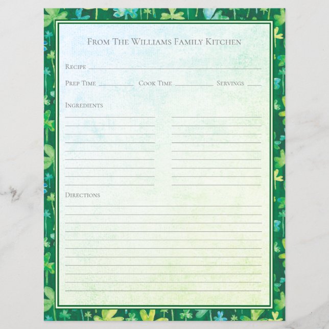 Papier St. Patrick's Shamrocks Green Recipe Paper Sheet (Devant)
