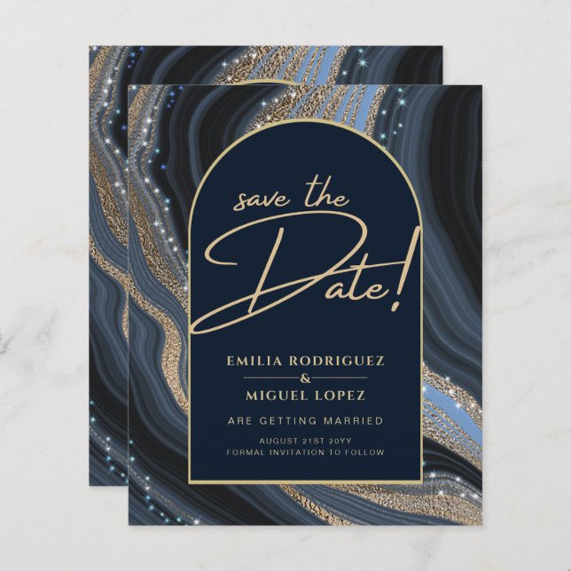 Papier Starry Night Marine Gold Agate Mariage SAVE DATE (Devant / Derrière)