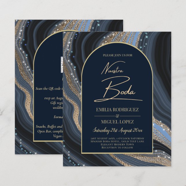 Papier Starry Night Navy Gold Agate NUESTRA BODA Invitati (Devant / Derrière)
