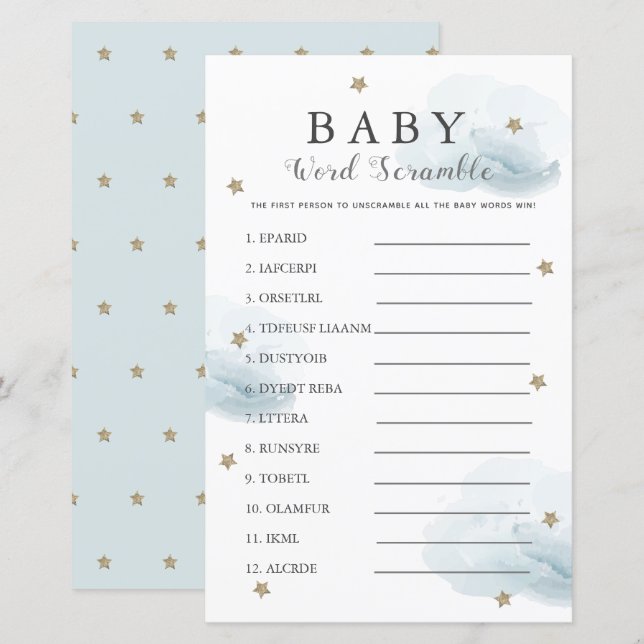 Papier Stars & Nuages Mot Scramble Baby shower Bleu Jeu (Devant / Derrière)