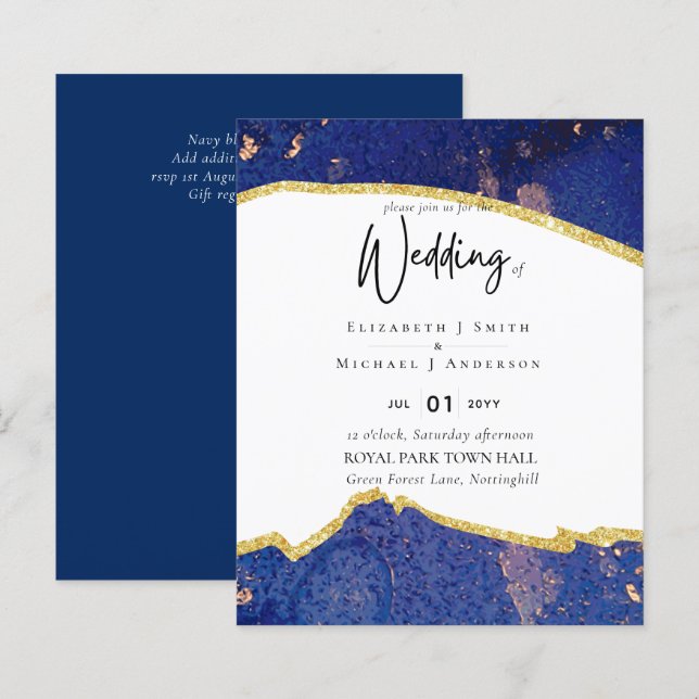 Papier Sublime Blue Gold Agate Mariage Invitations (Devant / Derrière)