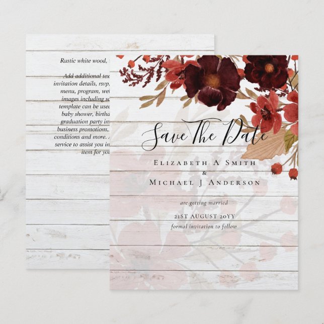 Papier Sublime Bourgogne Floral Mariage SAVE DATES Budget (Devant / Derrière)