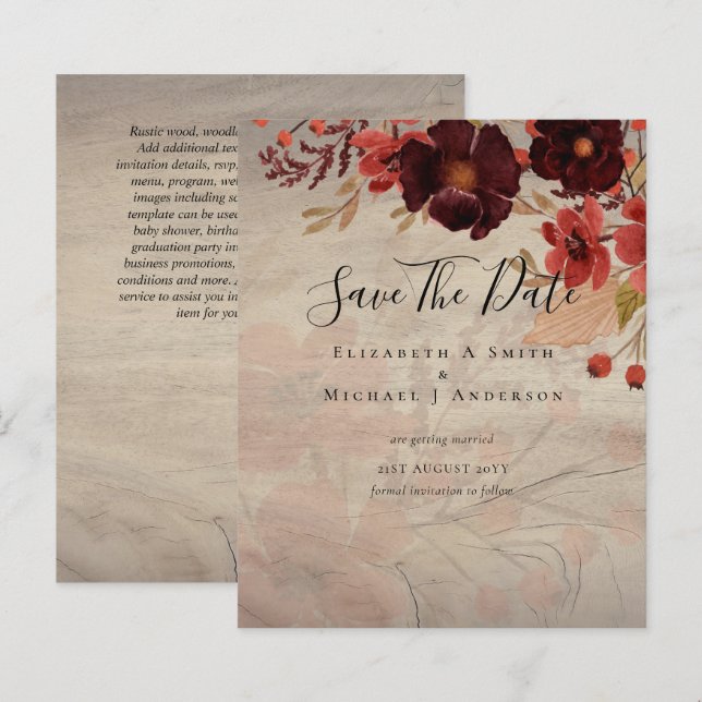 Papier Sublime Bourgogne Floral Mariage SAVE DATES Budget (Devant / Derrière)